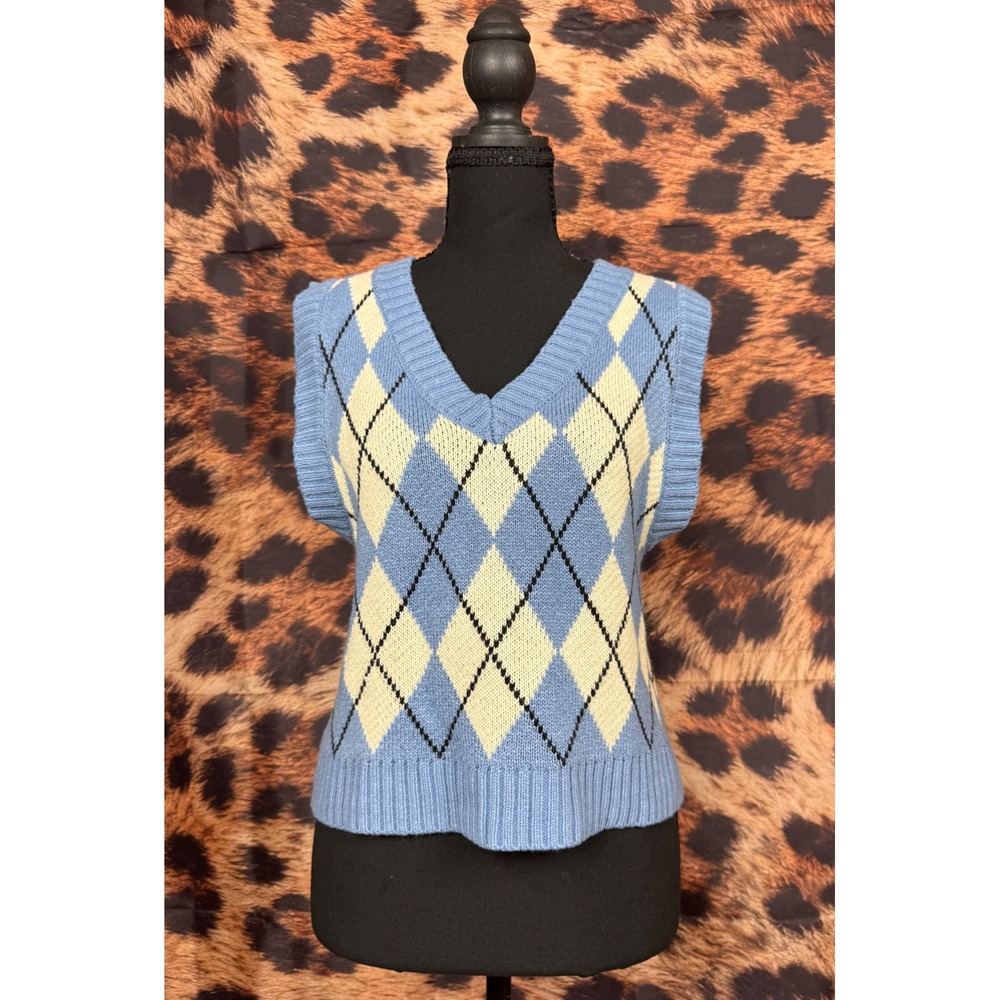 Blue Argyle Knit V-Neck Sweater Vest